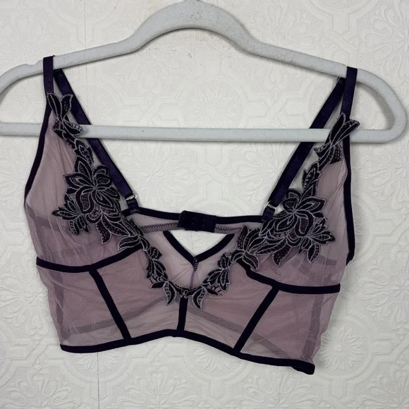 Thistle & Spire Meadow Bralette Sheer Mesh Bralette Purple Lace Strappy Large - Picture 3 of 7